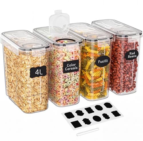 Storivo 4x4L Cereal Storage Containers with Airtight Lids BPA-Free Set | Food Storage Containers With Lids, BPA-Free Plastic, Airtight Seal, For Dry Food, Kitchen Storage & Organisation