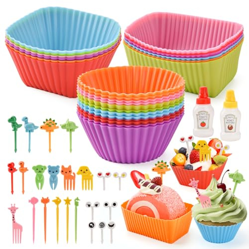 72 PCS Silicone Kids Lunch Box Dividers Set, 3 Shapes Multicolor Silicone Cupcake Cases Muffin Cases Baking Cake Molds Cup, Reusable Lunch Bento Box Accessories with Animal Food Picks for Kids Lunch