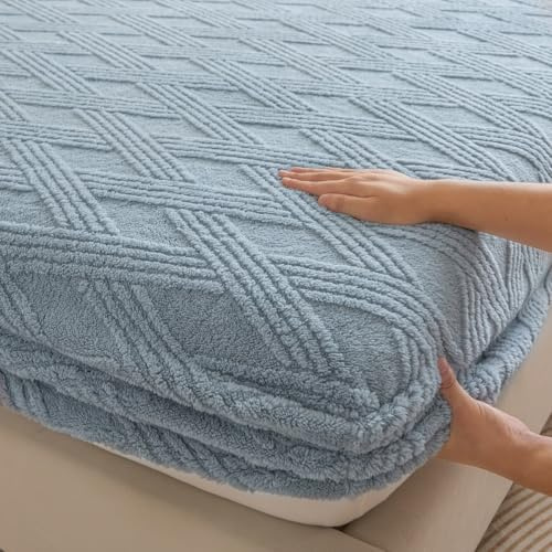 Mateju Weiches Fleece Spannbettlaken Verdickter Jacquard Winter Flauschige Warme Plüsch Spannbetttuch, Boxspringbett Bequem Bettlaken Elastisches für Hohe Matratze (blau,90x200cm)