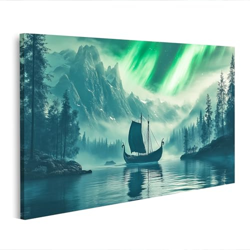islandburner Leinwandbild Nordlichter Über Einem Wikinger Schiff - Leinwand 100x57cm