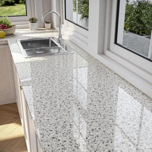 YENHOME Klebefolie Granit Optik Tapete Selbstklebend 40x500cm Klebefolie Küche Möbel Grau Glänzend Terrazzo Folie Selbstklebend PVC Küchentapete für Arbeitsplatte Fensterbank Tisch Badezimmer