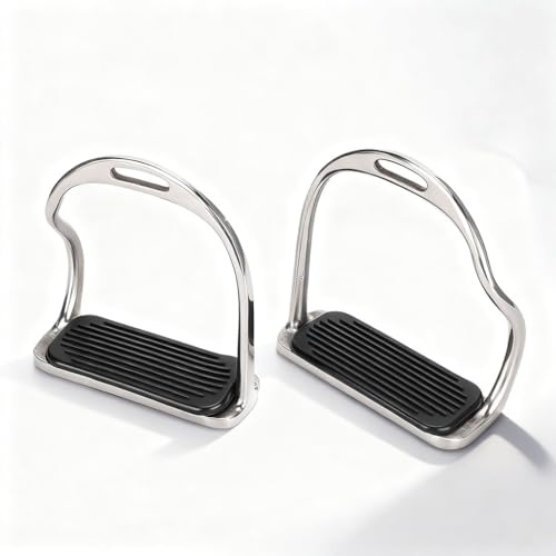Pyltha Edelstahl Reitsteigbügel mit Gummipad, Anti - Rutsch, 12cm Breite, Gedrehtes Design - Sicherheitssteigbügel, Leicht Installierbar, Für Reitsättel und Turnierreiten