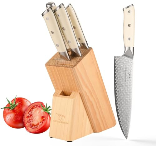 NANFANG BROTHERS Five-Piece Kitchen Knife Set, Damascus Chef's Knife Set with Block, Ergonomic Handle