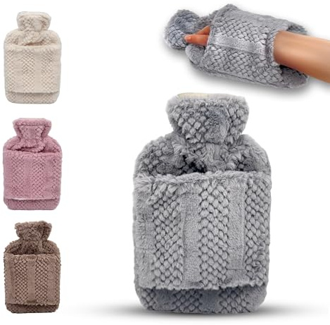Hot Water Bottle with Hand Inserts & Luxury Cosy Faux Fur Cover, 2L Leakproof Large Hot Water Bag for Neck & Shoulder Pain Relief, Hand & Feet Warmer, Gift for Women,Men (Grey – Charcoal)