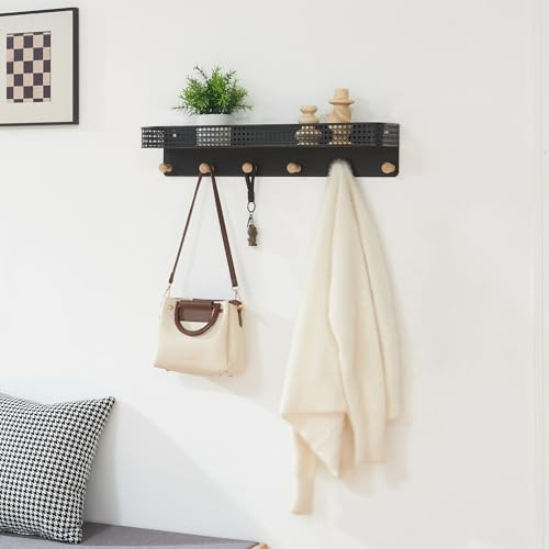 [en.casa] Wandgarderobe mit Ablage Jäller Metall Garderobenleiste mit 6 Haken aus Bambus Flur Garderobenpaneel 60 x 14 x 12 cm Wandregal Rattan-Optik Schwarz