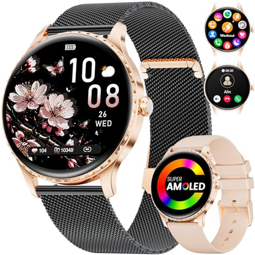 FitVigor Smartwatch Damen - 2 Armbändern/1.32 HD AMOLED Display/270+ Zifferblätter, Fitnessuhr mit 110+ Sportmodi,Schlaftracking,Telefonfunktion,Uhr für iOS Android,Schwarz-Gold