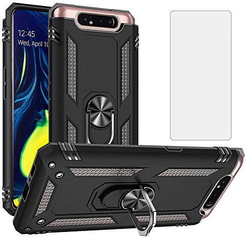 Asuwish Handyhülle für Samsung Galaxy A80 Hülle mit Glas Folie Schutzfolie und Magnetisch Ring Ständer Handyhüllen Schutzglas Panzerfolie Cover A 80 Slim Handy Hüllen Schutzhülle Phone Case Schwarz