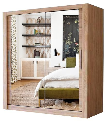 A.C. Milan Modern Double Mirror sliding door wardrobe with LED Light Width 100cm/120cm/150cm/180cm/203cm/250cm (203, Oak/Sonoma)