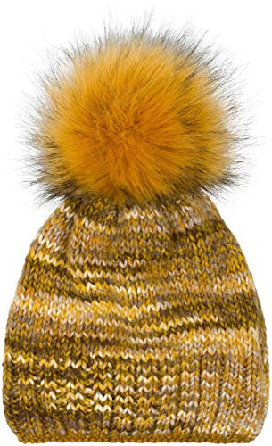 styleBREAKER Unisex Strick Bommelmütze bunt Gemustert mit Alpaka Anteil und Fleece Futter, Winter Fellbommel Mütze 04024179, Farbe:Senf-Braun-Weiß