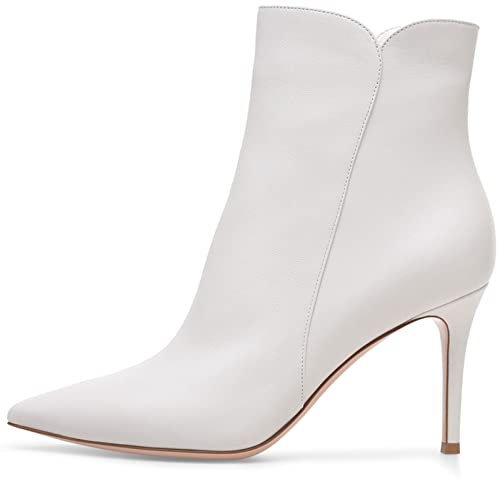 Stivali da Donna Stivaletti Corti in Scamosciata Scarpe col Tacco a Punta Tacco a Spillo Alto Slip on Ankle Boots Cerniera Tronchetti Tacchi Alti Invernali Outdoor Scarponi,Bianca,34 EU