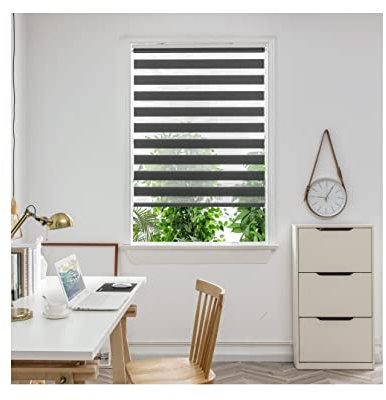 Aprica Day and Night Zebra Window or Door Roller Blinds with Child Safety Clips - Double Layer Fabric Elegant Durable and Easy to Clean (Charcoal Grey, Width 150cm - Drop 160cm)