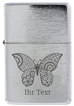 Benzinfeuerzeug Zentangle Schmetterling (Silber mit schwarzer Schrift) aus Metall mit Motiv & Individualisierung