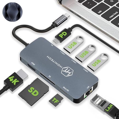 HomiTech HUB USB C 8 In 1 con 3 USB 3.2 10 Gbps,Adattatore USB C HDMI 4K,Ethernet Lan,SD,MicroSD,Ricarica Pd 100W,Docking Station USB C Compatibile MacBook Air/Pro 2023,iPad Air/Pro,Fermacavi Omaggio