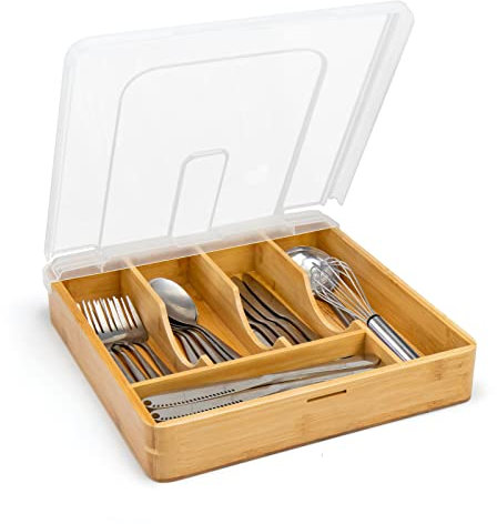 YICOCHI Utensilienhalter für Arbeitsplatte mit Deckel, Besteckablage aus Kunststoff für Schublade, 5 Fächer, Besteck-Organizer, Bambus
