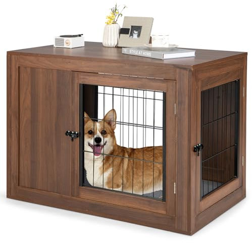 GYMAX Hundekäfig, Hundekiste, Hundehütte mit ultraweiches Hundebett, Tierkäfig für kleine & mittelgroße Hunde, 92 x 59 x 66,5 cm, Braun
