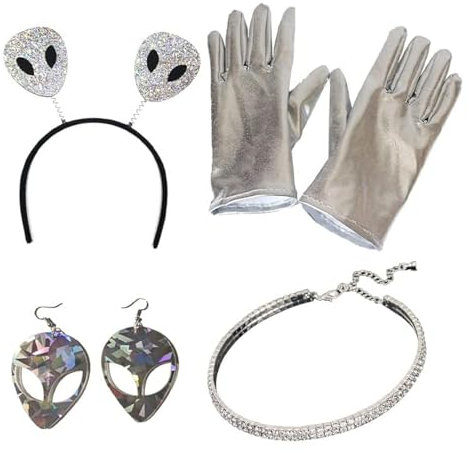 XEPST Alien Kostümzubehör Set - Alien Antennen Stirnband, Ohrringe, Halskette und Handschuhe für Frauen und Mädchen - Perfekt für Alien Partys, Halloween, Karneval, Cosplay - Anziehzubehör