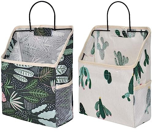 Nramwell 2 PCS Wall Hanging Organiser Bag, Linen Hanging Storage Bag with Hook, Cactus Pattern and Plants Pattern Fabric Baskets for Storage with Metal Frame, Storage for Toys, Clothes, Books
