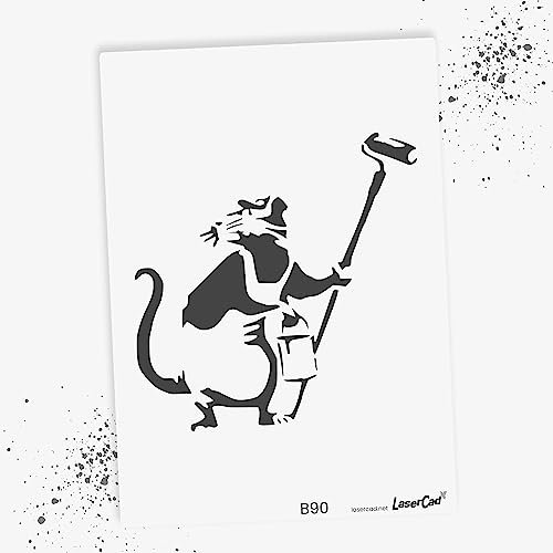 LaserCad Schablonen BANKSY Streetart (B090, Rat with Paintroller, DIN A4) Stencil für Graffiti, Airbrush, Kunst, Deko, zum Malen