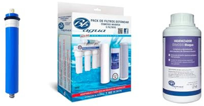 Membrana 75 GPD + Pack de 3 Filtros ósmosis + Higienizador. El pack de 3 filtros compuesto por 1 de Sedimentos, 1 de Carbón GAC, 1 de Carbón Block. Bbagua.
