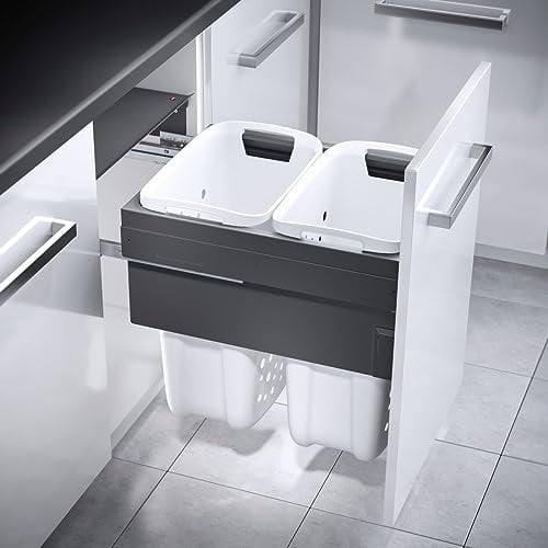 Hailo Wäschesammler 3270851 | Laundry Carrier 66 Liter | 2fach Wäschekorb Auszug | für 50er Unterschrank mit Front | Auszugsystem (Weiß-Dunkelgrau)