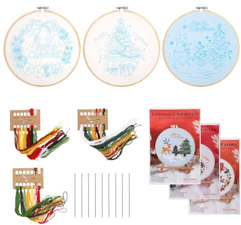 NQEUEPN 3pz Kit Ricamo Natalizio per Adulti Principianti, Set Ricamo Natale Fai-Da-Te Buon Natale Ghirlanda Albero di Natale Motivi Alce Kit Ricamo Punto Croce Invernale Incluso 20cm Telaio da Ricamo