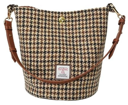 TAILORMAP Harris Tweed Frauen Bucket Bag Schultertasche Handtasche mit zwei Arten von Lederriemen, No.3528 Hahnentritt
