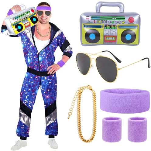 90er 80er Jahre Outfit Herren Damen Mottoparty 80er Trainingsanzug Retro Jogginganzug Accessoire 80er Jahre Kostüm Herren Damen Karneval 80er Jahre Kleidung Disco Karnevalskostüm Herren für Fasching