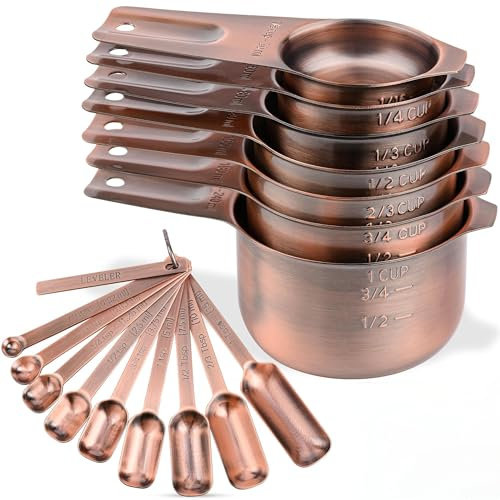 zoyizi Copper Measuring Cups and Spoons Set 17, 7 Stainless Steel Measuring Cups&9 Long Hanlde Narrow Measuring Spoons for Spice Jar&Leveler, Kitchen Metric&US Measuring Cups Spoons for Dry and Liquid