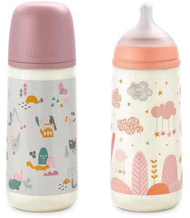Suavinex, Lot 2 Biberons 360 ml. Biberon avec Tétine Symétrique SX Pro en Silicone à Débit Rapide (L). Avec Valve Anti-Colique. Silicone Fin Ultra-Doux. Pour Bébés, +6 Mois. Rose
