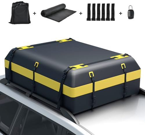 COSTWAY 15/21 Cubic Feet Car Roof Bag, 100% Waterproof Roofing Cargo Carrier with Anti-Slip Mat, Combination Lock & Straps, Rooftop Luggage Storage Box (Black+Yellow, 21 Cubic Ft/600L)