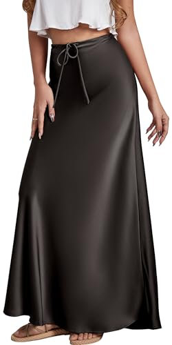 Maeau Gonna lunga da donna in raso, con coulisse, tinta unita, a vita alta, regolabile, a linea Causal, gonna in raso, attillata, per tutti i giorni, estiva, business, maxi gonna S-XL, A1 nero, S