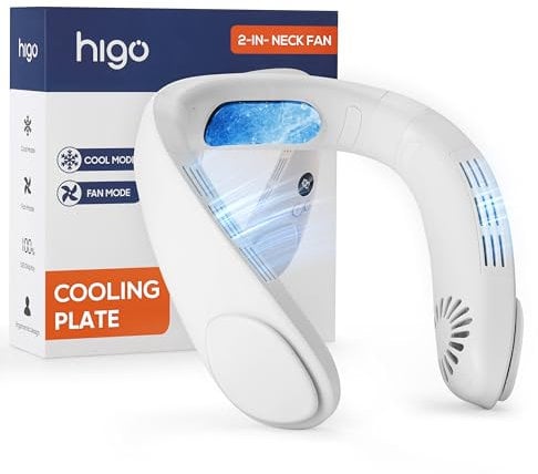 HIGO CoolMaster Pro Neck Fan, Neck Air Conditioner, 2-in-1 Cooling Neck Fan Portable Rechargeable, Wearable Personal Fan, 4400mAh Large Battery, Ergonomic Design, White