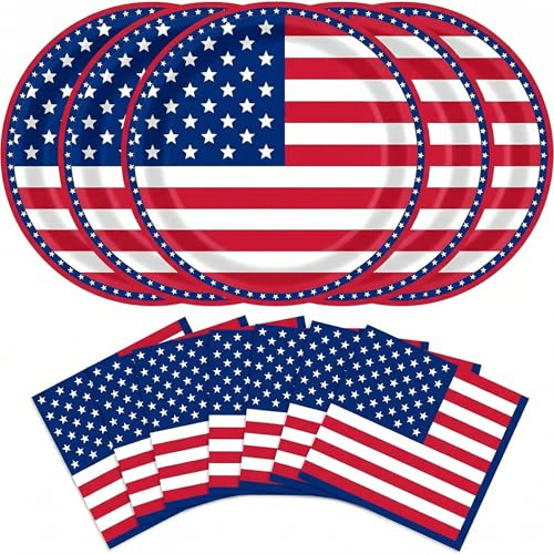 Dereinwo 50 Pcs Patriotic American Flag Party Supplies Tableware Set Paper Plates and Napkins for Independence Day 4th of July USA Red White Blue Barbecue Birthday Disposable Dinnerware Decor