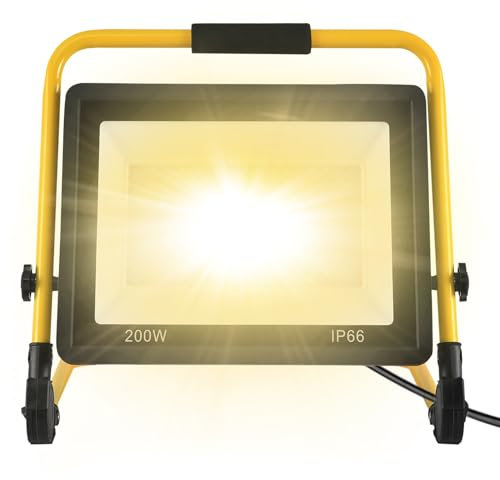 SUBTLETY 200W LED Baustrahler Baustellen Arbeitsstrahler mit 3m Netzkabel & U-Form Stativ Strahler für Arbeitsbeleuchtung IP66 Wasserdicht Fluter Arbeitsscheinwerfer für Garage Garten (Warmweiß)