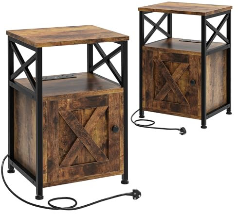 YITAHOME Set of 2 Side Table, Bedside Table with Storage Cabinet, X-Shaped End Table with Charging Station, 2 USB Ports & Power Outlets, Metal Frame, Coffee Table for Living Room Bedroom, Rustic Brown