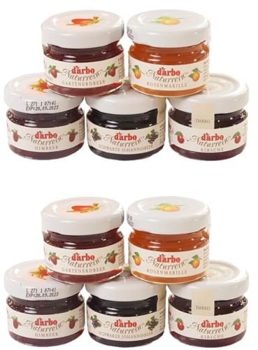 Darbo 10 Minigläser Konfitüre in 5 Sorten - je 2 Stück Erdbeere, Marille (Aprikose), Himbeere, Kirsche und Schwarze Johannisbeere - Ein Bundle von FISGUS® by krass-shoppen-de