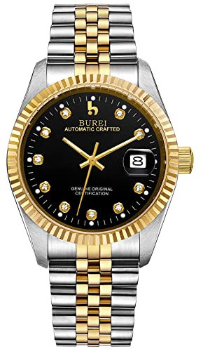 BUREI 38mm Automatik Uhr Herren Luxus Diamant Armbanduhr für Männer Mit Saphirglas Datumskalender (Schwarzes Gold)