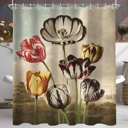 Lerores Duschvorhang 240x200cm Ölgemälde Blumen, Beschwerter Saum Antischimme, Wasserabweisend, Waschbar Polyester Badevorhänge mit 16 Ösen und Duschvorhangringen für Badezimmer, Badewanne
