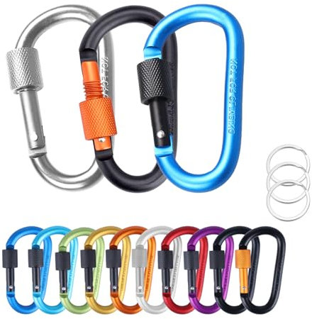 MORAINJAY 3 Pièces Mousqueton Aluminium en Forme D avec Verrouillage à vis,Mousqueton Tactique pour Camping, Extérieur,Vélo,Laisses de Chien(Bleu Lac&Argent&Noir Orange)