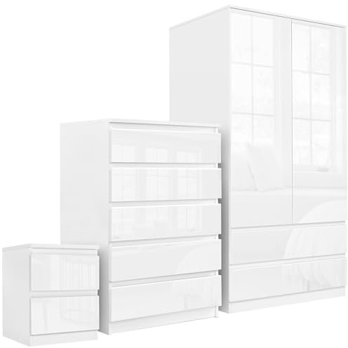 Blisswood High Gloss Bedroom Wardrobe sets with 2 Door Wardrobe 5 Drawer Chest of Drawers + 2 Drawer Bedside Table Cabinet Set for 3 Piece Bedroom Storage furniture Set, White