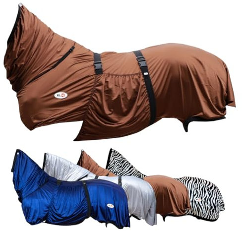 RL24 - Ekzemerdecke mit Halsteil & Bauchlatz – Fliegendecke zum Schutz vor Insekten – feinmaschiges Gewebe, doppelter Frontverschluss & Beinschnüre – Outdoor-Pferdedecke in Hellbraun – 135cm