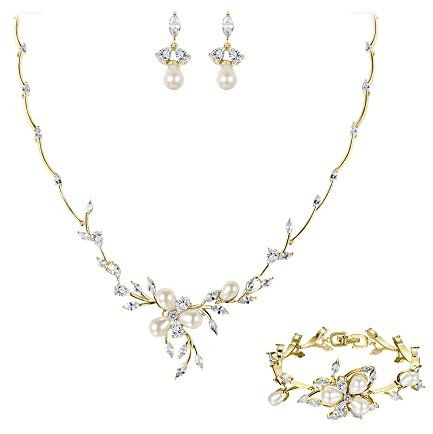 EVER FAITH Zirkonia simulierte Perle Blume Blatt filigrane Halskette Ohrringe Armband Set weiß Gold-Ton