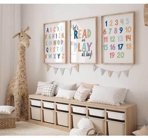 Pennclys Kinder-Spielzimmer-Wandkunst, Alphabet-Poster, Spielzimmer, Leinwand, Wanddekoration, ABC, Kinderzimmer, Wandkunst, 123 Kleinkind-Poster Let's Read, für Jungenzimmer, Mädchen, 40,6 x 61 cm,