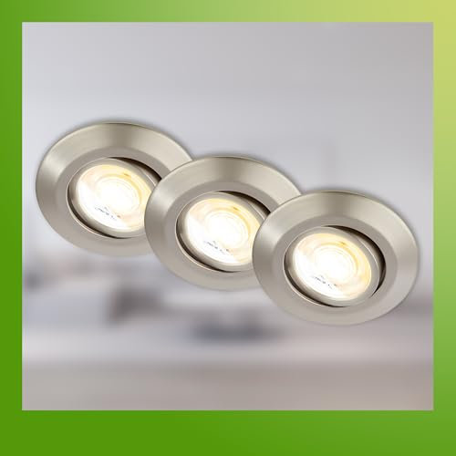 BRILONER - 3er Set LED Einbaustrahler 230V Gehäuse 50% recycelt, Dimmbar, Schwenkbar, Ra90, Farbtemperaturwechsel, LED Spot, flach, Deckenspots, Einbauleuchten, 90x24mm (DxH), Matt-Nickel