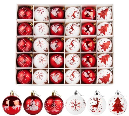 Truevaste Weihnachtskugeln Rot Weiß, Kunststoff Christbaumkugeln 6CM mit Elch- und Tannenbaum-Motiven, Weihnachtsbaumkugeln für DIY Christbaumschmuck Deco, 30 Stück