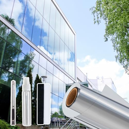 Lifetree One Way Window Film with 3 Tool, Reflective Mirror Window Film Privacy Self Adhesive, Anti Glare UV Sun Blocker Window Tint Film Home, Silver 44.5x200cm