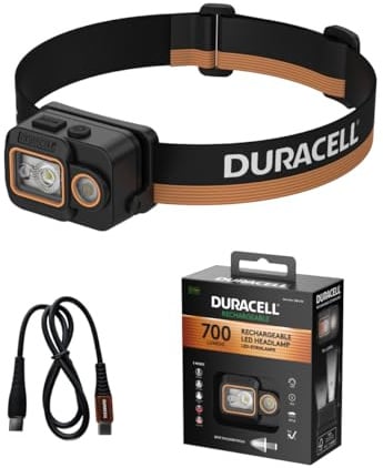 Duracell LED Stirnlampe DH700R Core – 700 Lumen, Digital-Fokus, bis 60 m Leuchtweite, Rotlichtfunktion, USB-C wiederaufladbar, Li-Po Akku, mehrere Lichtmodi, ergonomisch, IP54 spritzwassergeschützt