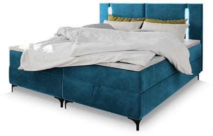 Masseno Boxspringbett ALBA 140x200 cm Komplett-Set mit Matratze und Topper, Polsterbett mit Zwei Bettkästen -Blau