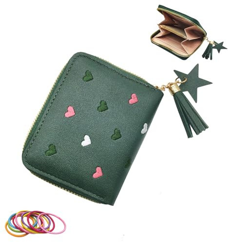 SwirlColor Porte Monnaie Fille, Mignon Coeur Brodé Portefeuille Ado Fille avec Fermeture à Glissière à Franges Porte - Petit Porte Monnaie Femme en Cuir avec Porte - Cartes - Vert