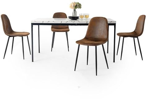 FurnitureR Esstisch-Set, Küchentisch mit Marmormuster und 4 Wildlederstühlen, Küchentisch für Esszimmer, Wohnzimmer, 150 x 75 x 75 cm, weißer Schreibtisch & schwarze Beine + Wildlederstühle